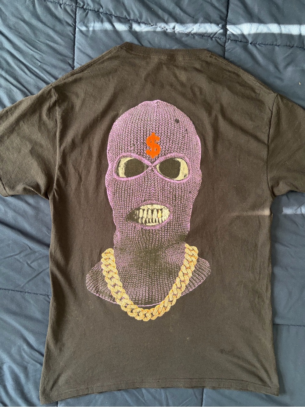 Fashion Nova Black Tee with Purple Balaclava and Gold Chain Graphic